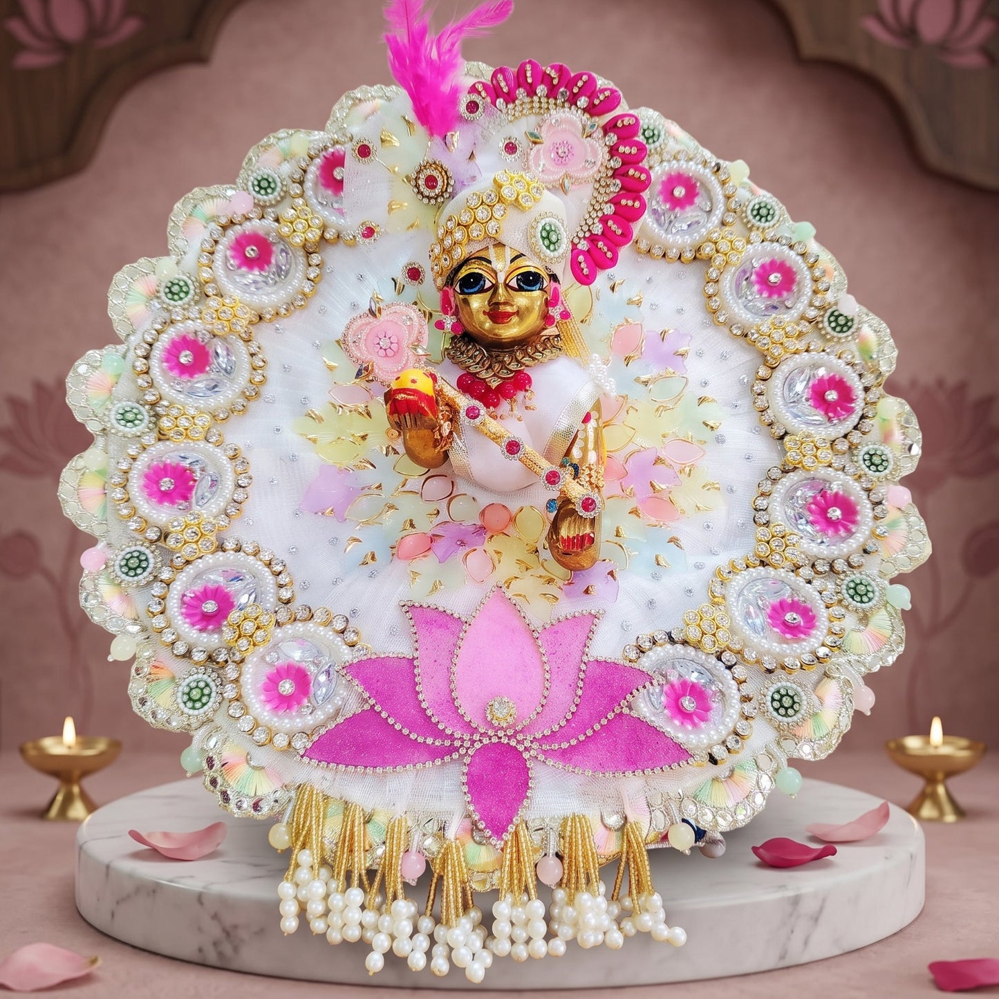 Lotus Flower Laddu Gopal Poshak with Mukut, Bansuri and a Surprise Gift