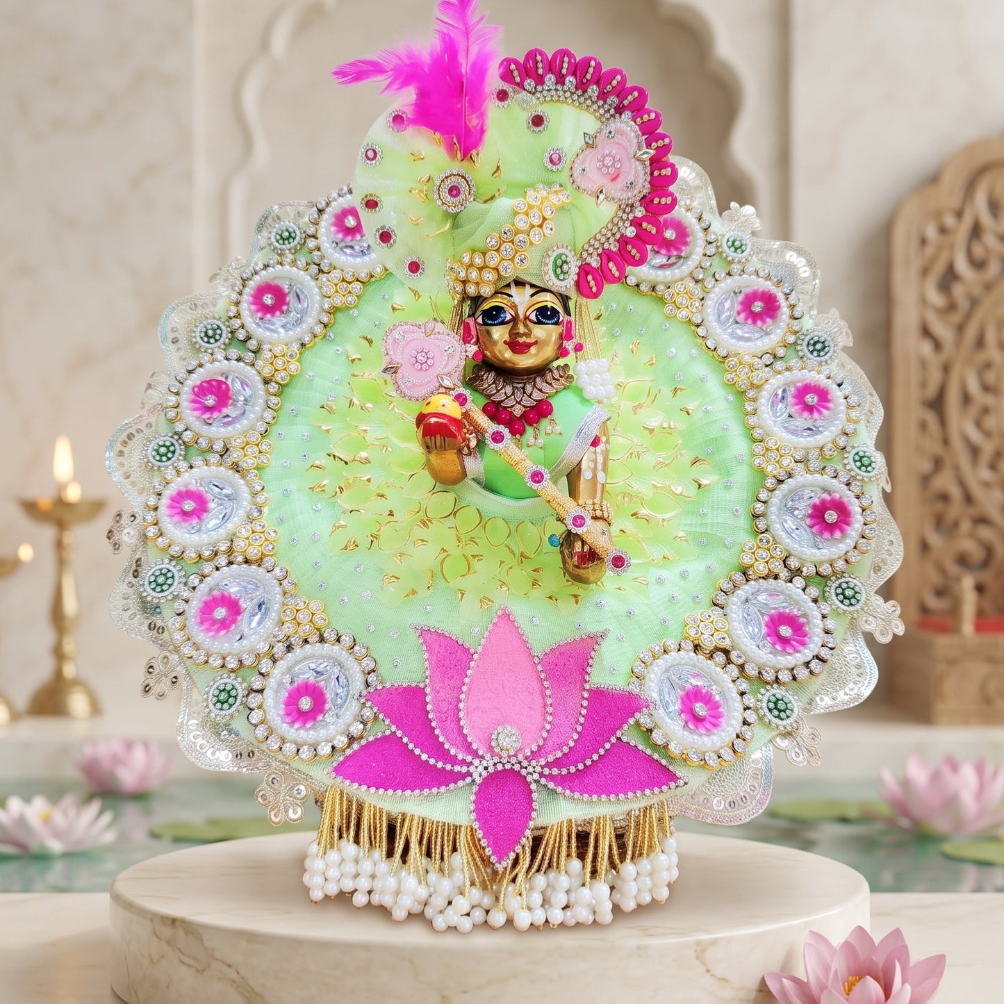 Lotus Flower Laddu Gopal Poshak with Mukut, Bansuri and a Surprise Gift