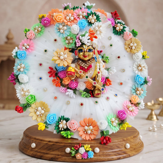 Laddu Gopal Multicolor Flowers Dress with Mukut, Bansuri and a Surprise Gift