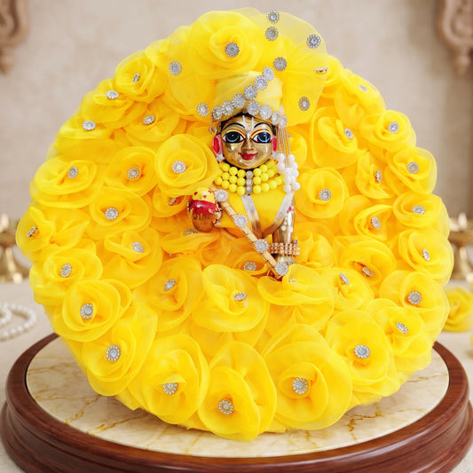 Yellow Rose Flower Laddu Gopal Poshak with Mukut, Bansuri and a Surprise Gift