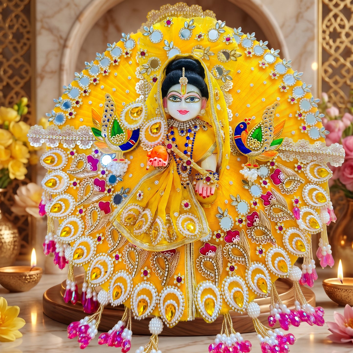 Yellow Peacock Shree ji Heavy Dress with Chunri, Bansuri & Surprise Gift