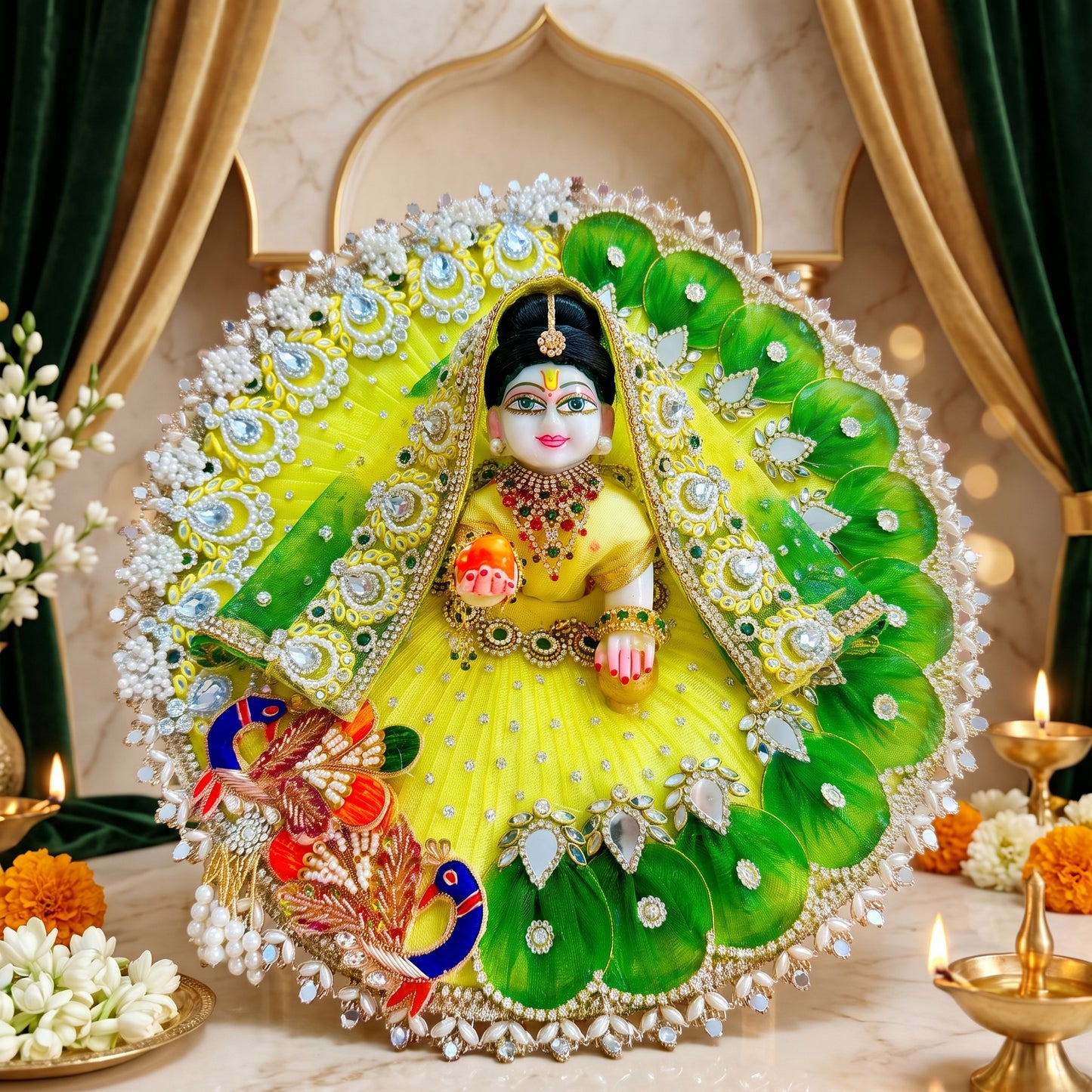Designer Yellow Peacock Radha Rani Dress with Dupatta, Bansuri & Surprise Gift