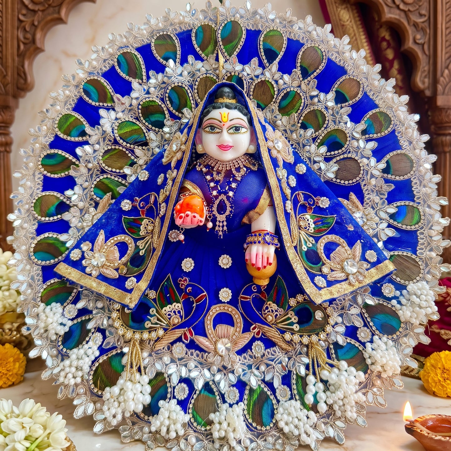 Royal Blue Peacock Feather Radha Rani Poshak with Dupatta, Bansuri & Surprise Gift