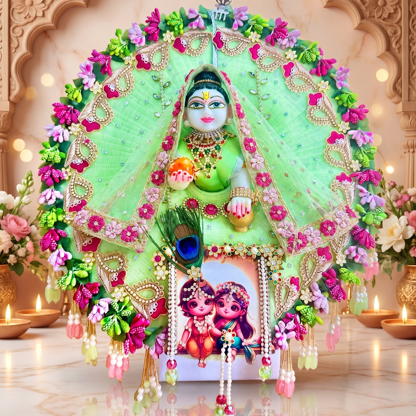 Radha Krishna Ji on Jhula Radha Rani Designer Dress with Dupatta, Bansuri and a Surprise Gift
