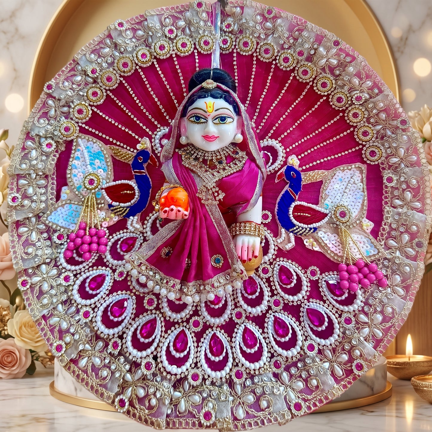 Handmade Pink Shree Radha Poshak with Peacock Design with Chunri, Bansuri and a Gift