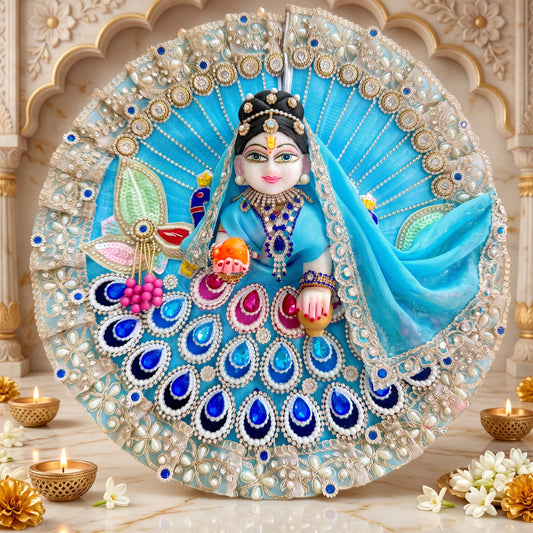Handmade Blue Radha Rani Dress with Peacock Design with Dupatta, Bansuri and a Gift