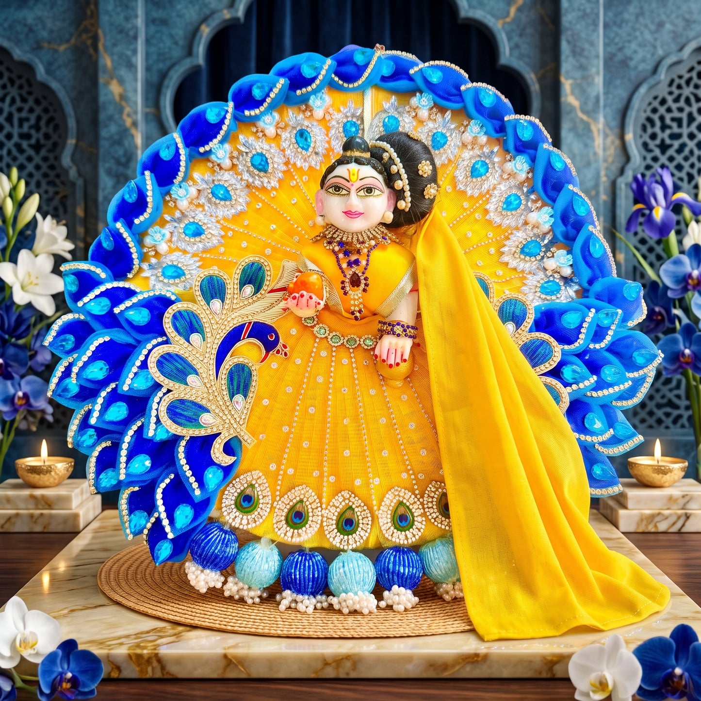 Royal Yellow Radha Rani Peacock Heavy Dress with Dupatta, Bansuri & Surprise Gift