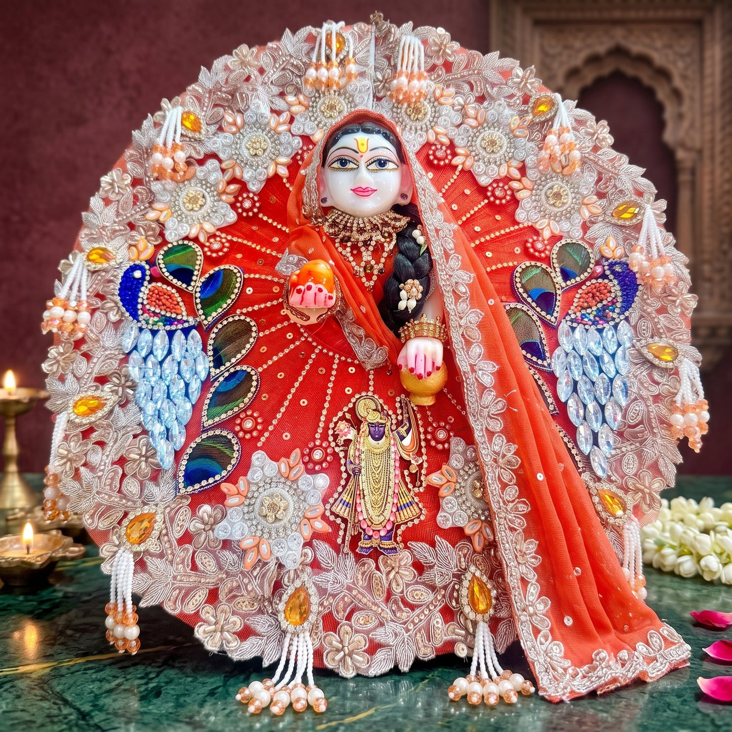 Designer Shrinath Shree Radha Peacock Dress with Chunri, Bansuri & Surprise Gift