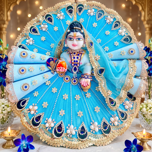 Sky Blue Peacock Shree Ji Cone Dress with Chunri, Bansuri & Surprise Gift
