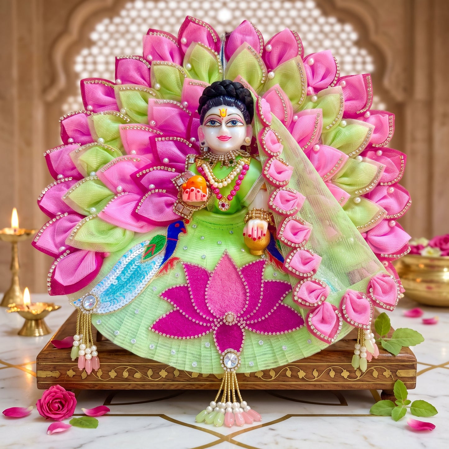 Designer Lotus Shree Radha Poshak with Peacock Design with Chunri, Bansuri and a Gift