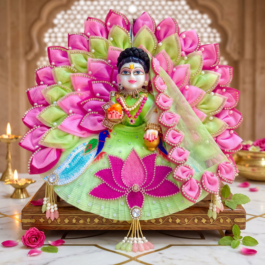 Designer Lotus Shree Radha Poshak with Peacock Design with Chunri, Bansuri and a Gift