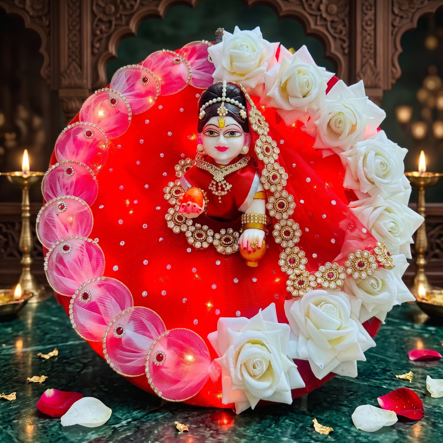 LED Light Red Rose Radha Rani Dress with Dupatta, Bansuri & Surprise Gift