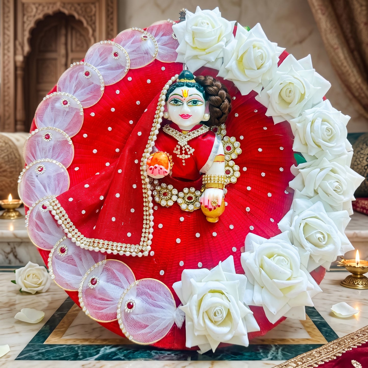 LED Light Red Rose Radha Rani Dress with Dupatta, Bansuri & Surprise Gift