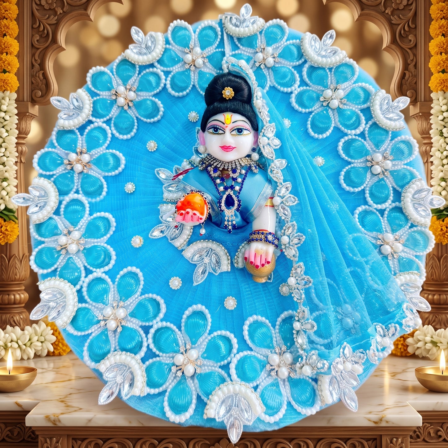 Sky Blue Floral Shree Radha Dress with Dupatta, Bansuri & Surprise Gift