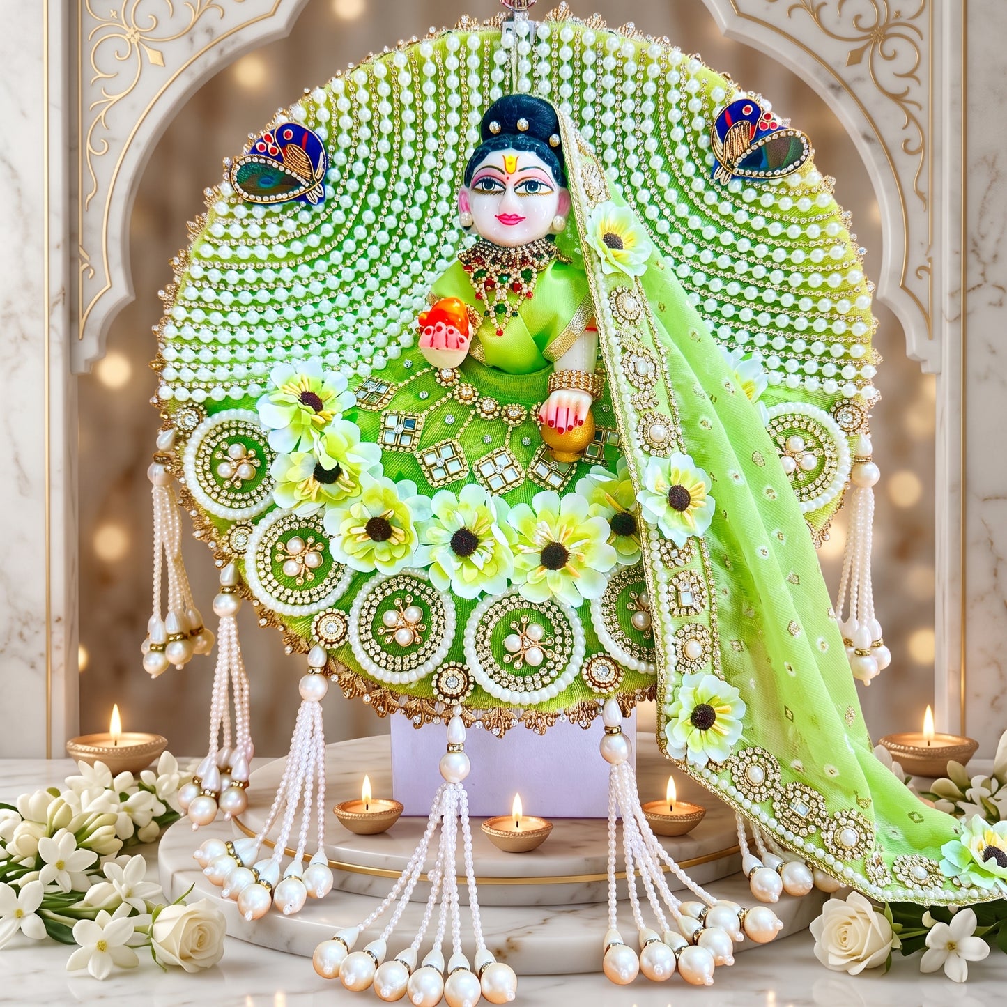 Pearl Floral Bal Radha Rani Dress with Heavy Latkan with Chunri, Bansuri and a Gift