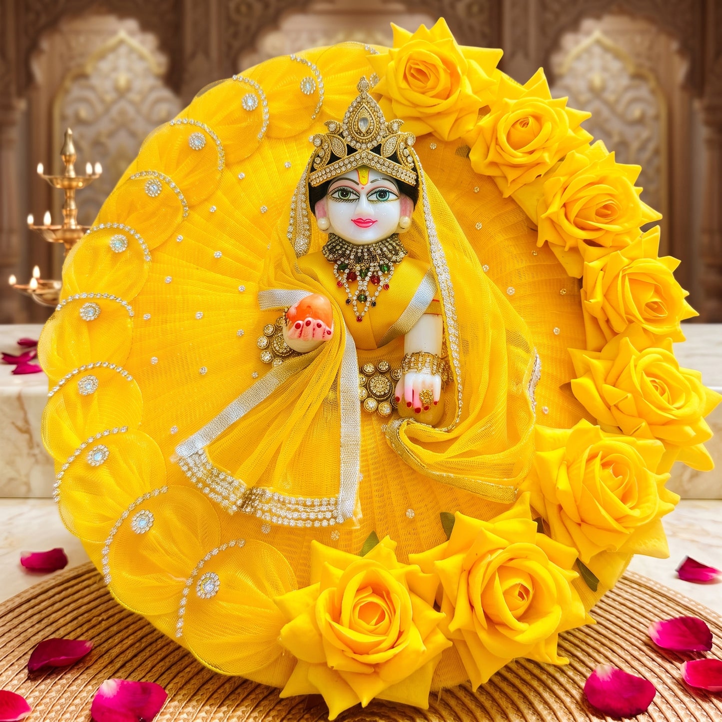 LED Light Red Rose Radha Rani Dress with Dupatta, Bansuri & Surprise Gift