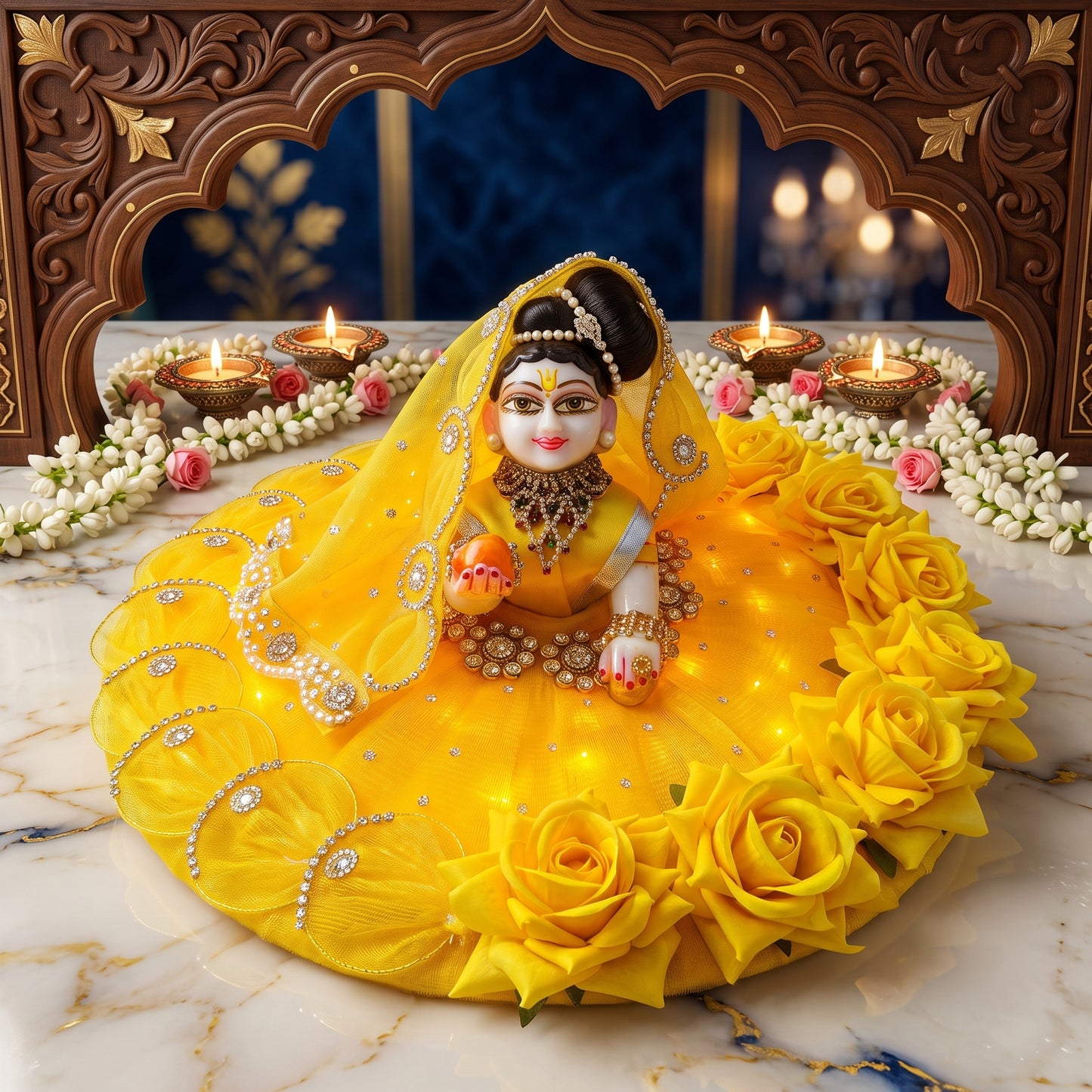 LED Light Red Rose Radha Rani Dress with Dupatta, Bansuri & Surprise Gift