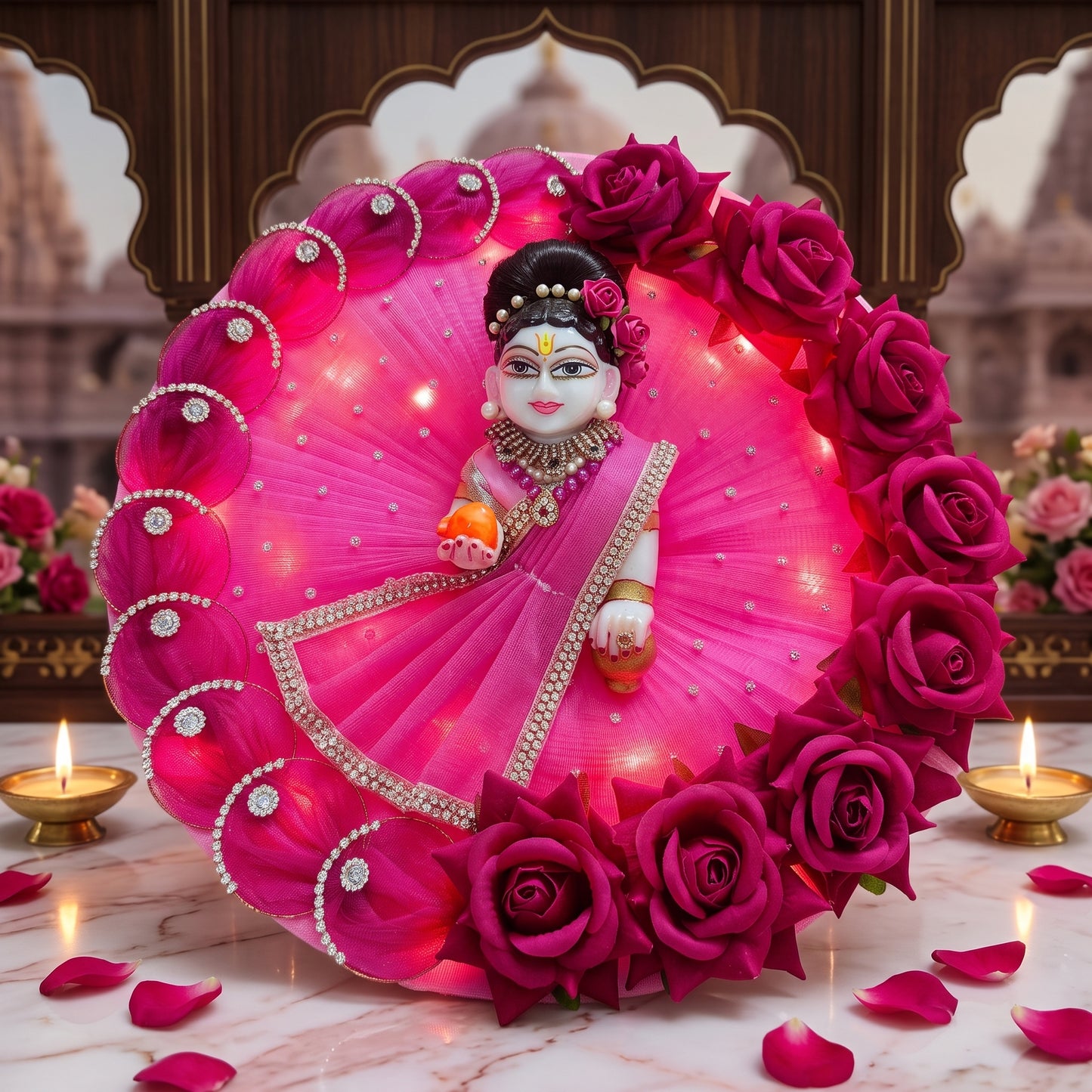 LED Light Red Rose Radha Rani Dress with Dupatta, Bansuri & Surprise Gift
