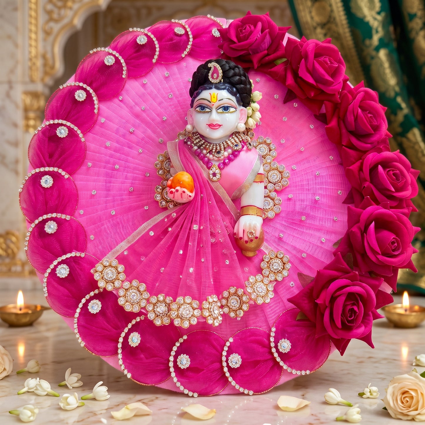LED Light Red Rose Radha Rani Dress with Dupatta, Bansuri & Surprise Gift