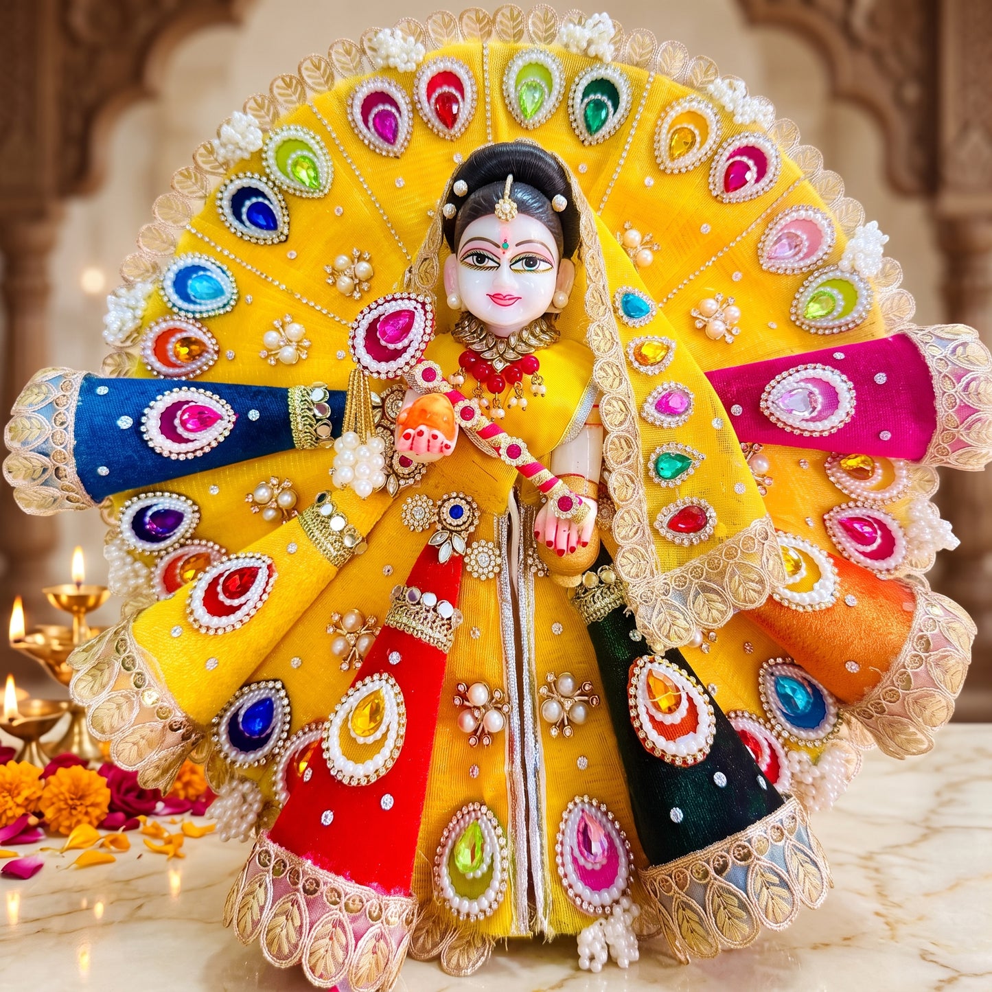 Designer 3D Cone Shri Radha Dress with Chunri, Bansuri and a Surprise Gift