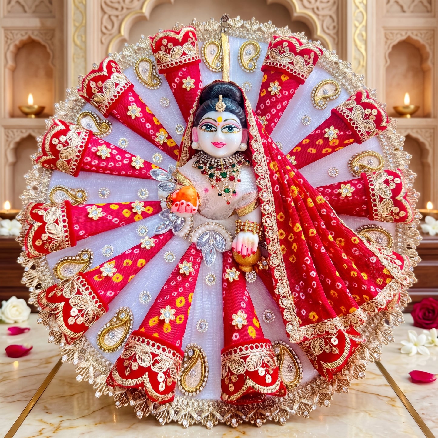 Red Bandhani Radha Rani Cone Dress with Dupatta, Bansuri & Surprise Gift