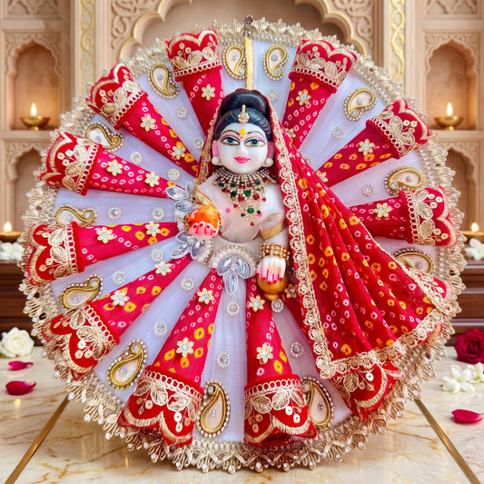 Red Bandhani Radha Rani Cone Dress with Dupatta, Bansuri & Surprise Gift