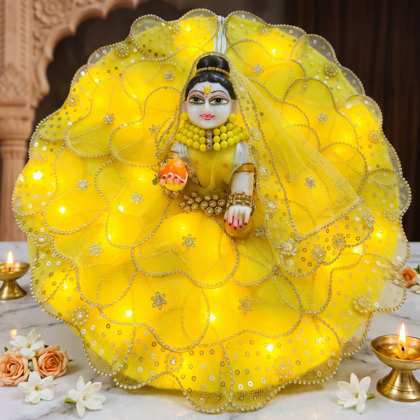 LED Light Blue Heart Petal Radha Rani Dress with Dupatta, Bansuri & Surprise Gift