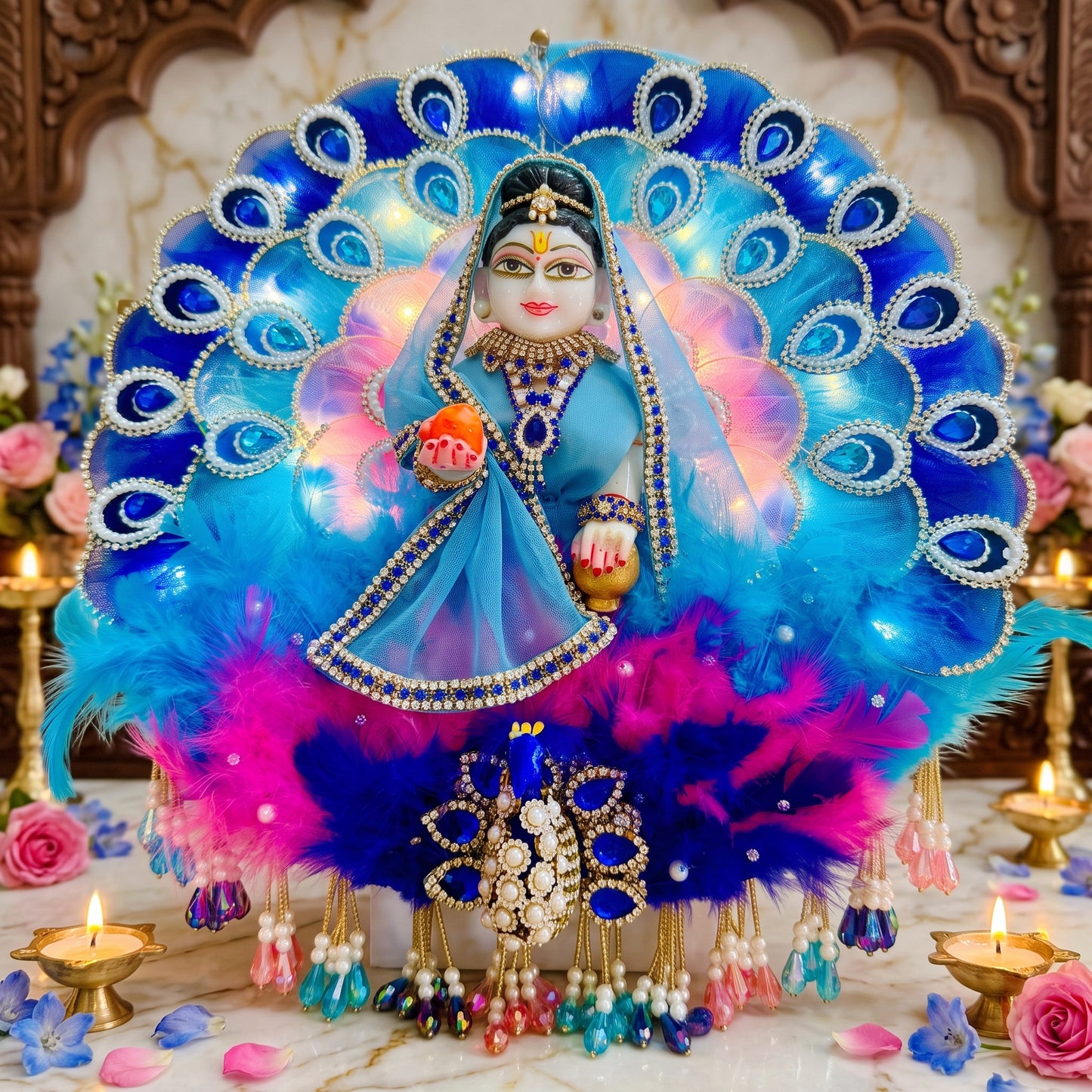 3D Peacock LED Light Radha Rani Dress with Dupatta, Bansuri & Surprise Gift