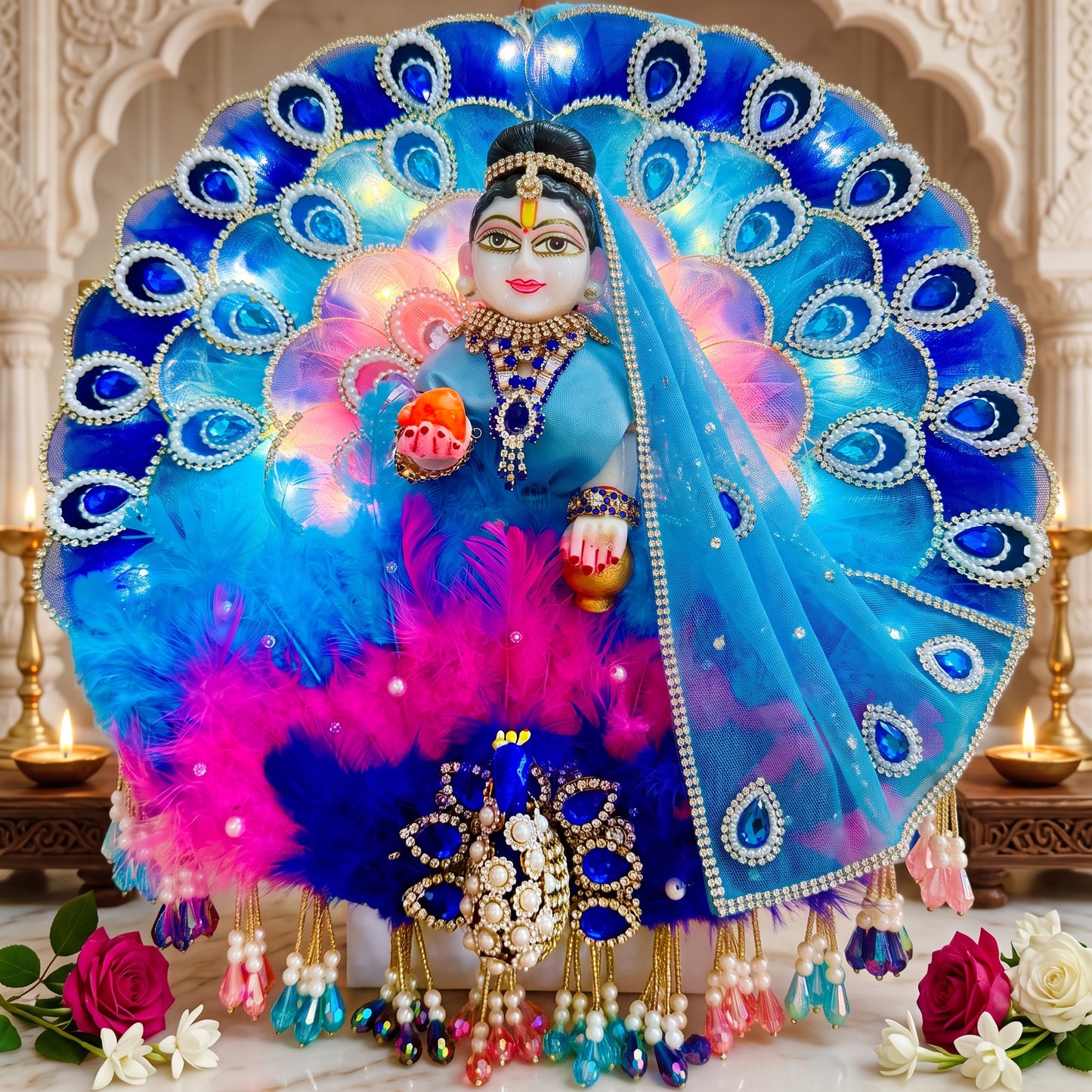 3D Peacock LED Light Radha Rani Dress with Dupatta, Bansuri & Surprise Gift