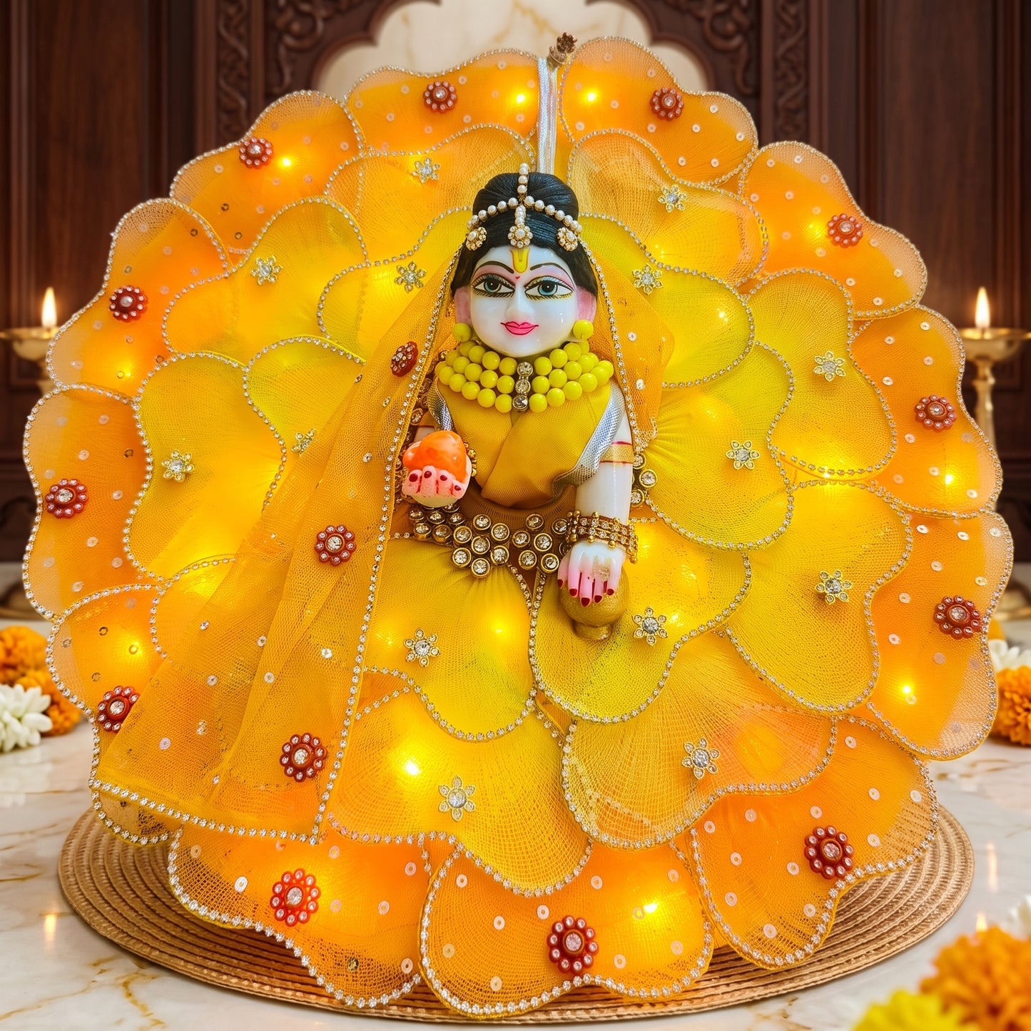 LED Light Blue Heart Petal Radha Rani Dress with Dupatta, Bansuri & Surprise Gift