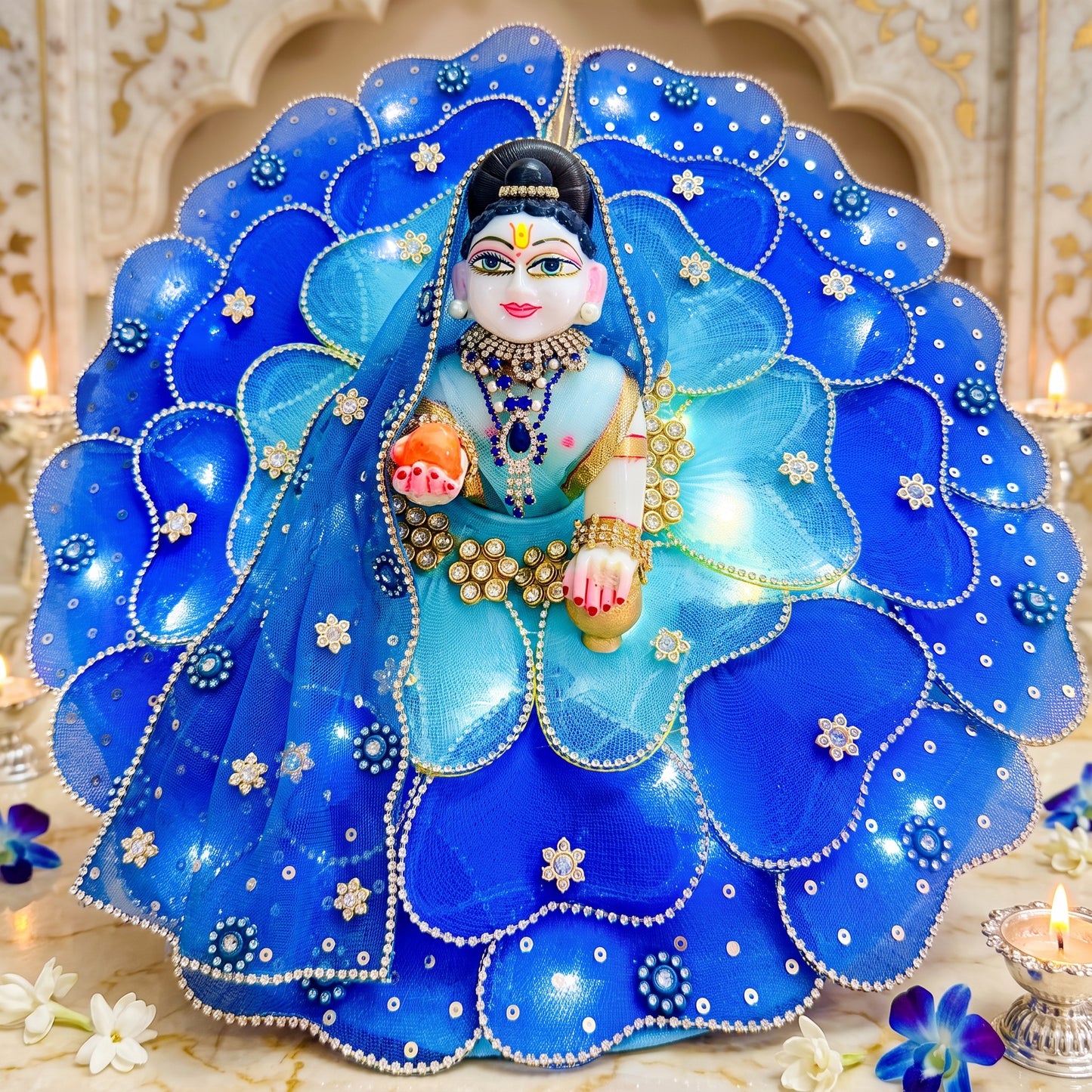 LED Light Blue Heart Petal Radha Rani Dress with Dupatta, Bansuri & Surprise Gift