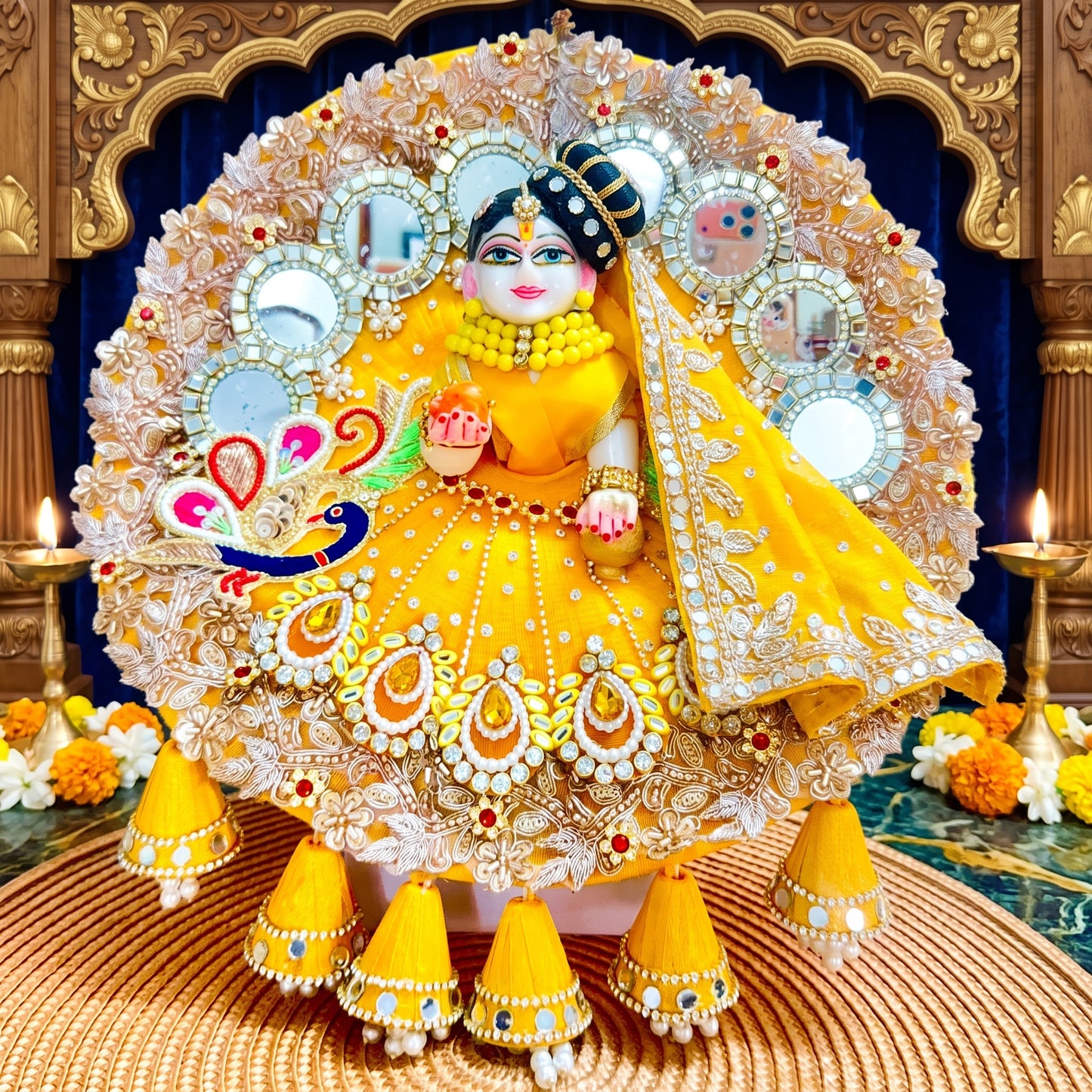 Shree ji Heavy Poshak with Peacock Embroidery & Mirror Work with Dupatta, Bansuri & Gift