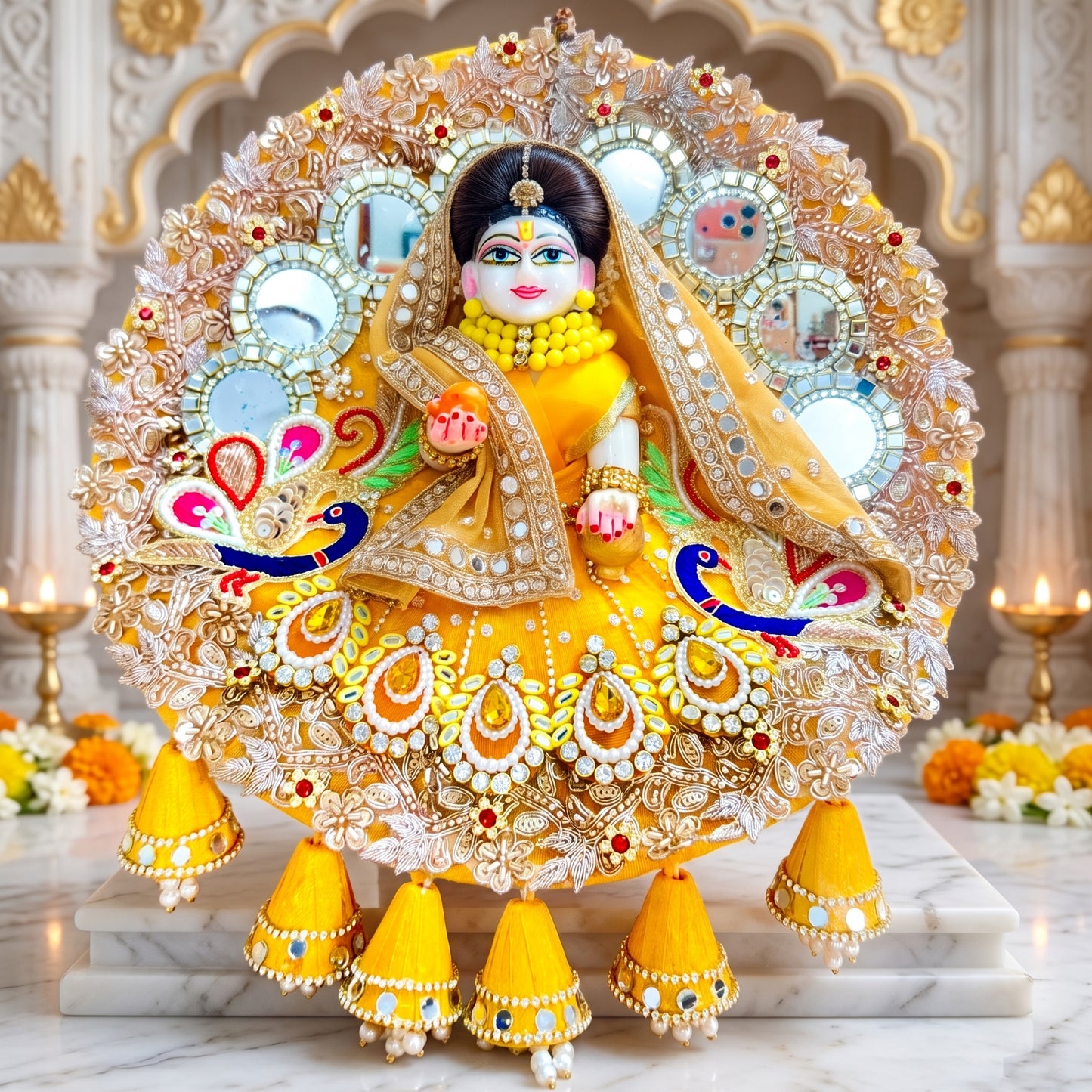 Shree ji Heavy Poshak with Peacock Embroidery & Mirror Work with Dupatta, Bansuri & Gift