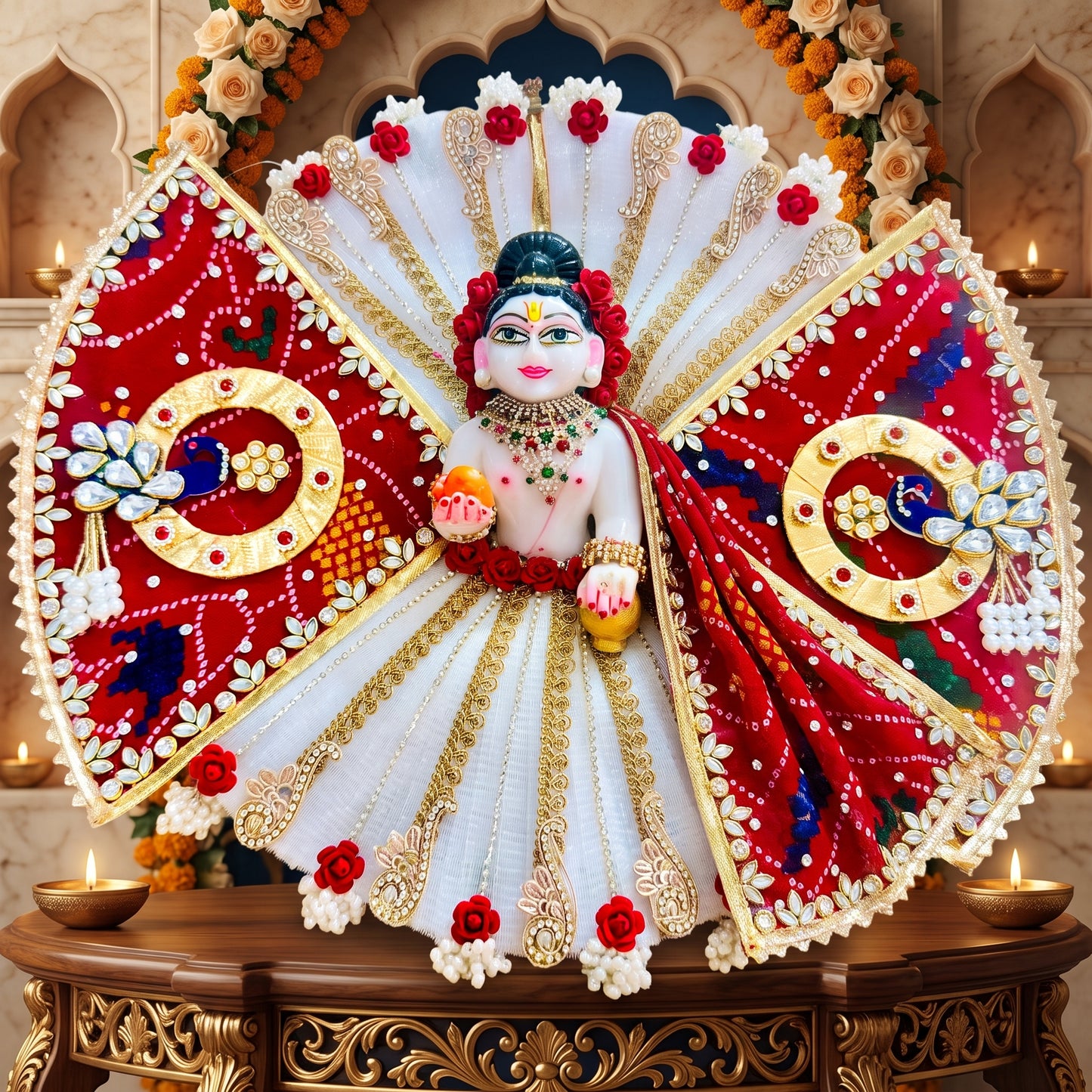 Butterfly Style Red & White Radha Rani Dress with Dupatta, Bansuri and a Surprise Gift