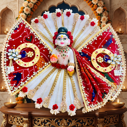 Butterfly Style Red & White Radha Rani Dress with Dupatta, Bansuri and a Surprise Gift