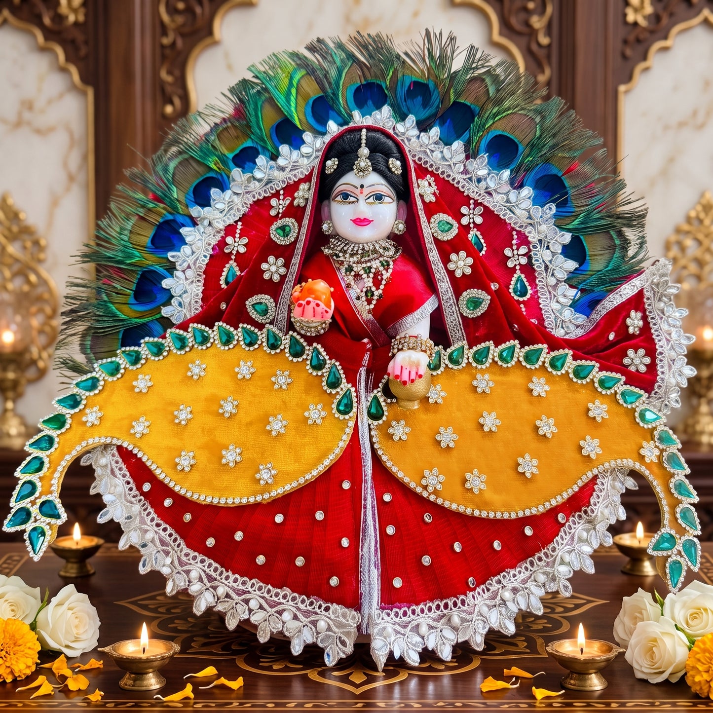 Designer Peacock Feather Radha Rani Poshak with Dupatta, Bansuri & a Gift