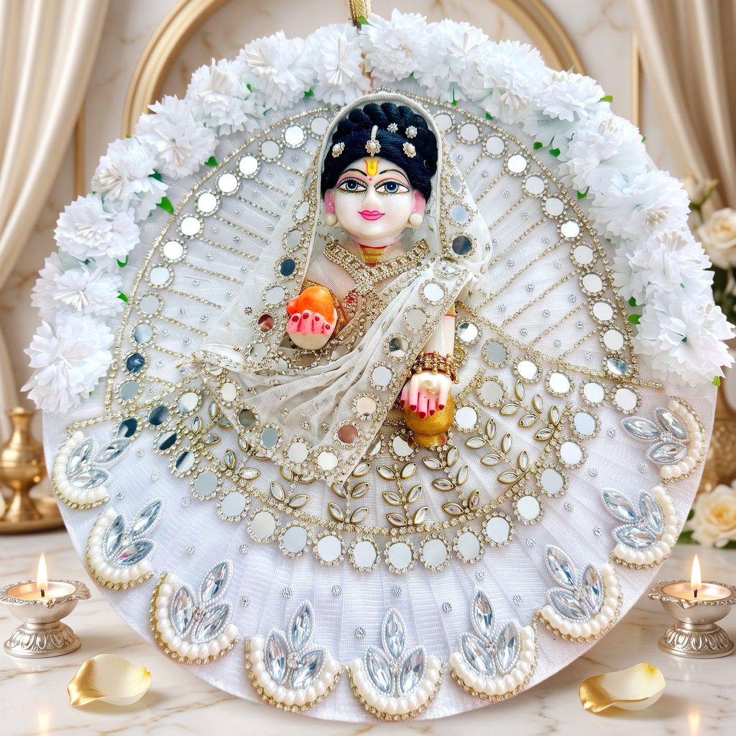 Kishori Ji Poshak with Mirror Work & Floral Border with Dupatta, Bansuri & Gift