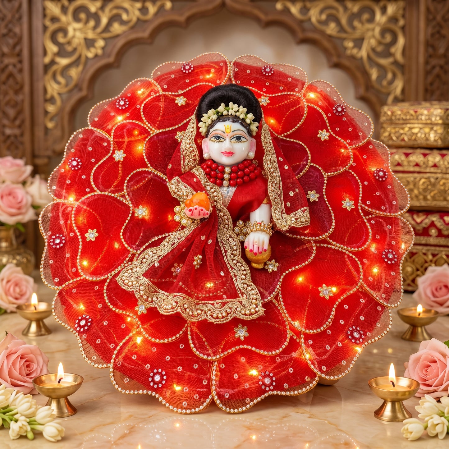 LED Light Blue Heart Petal Radha Rani Dress with Dupatta, Bansuri & Surprise Gift