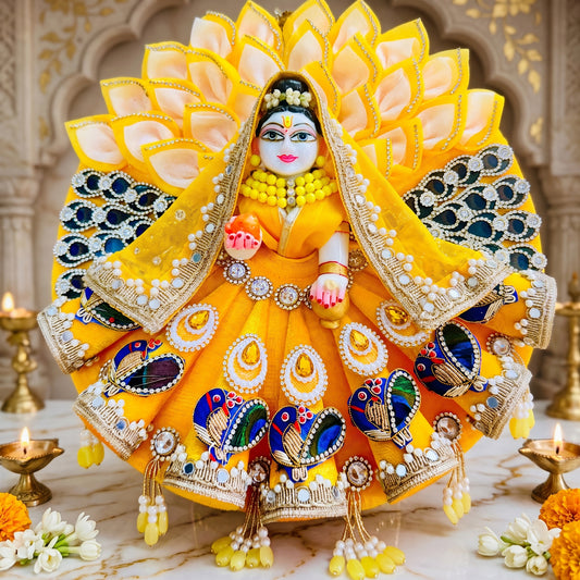 Radha Rani Heavy Cone Poshak in Peacock Theme with Dupatta, Bansuri and a Gift