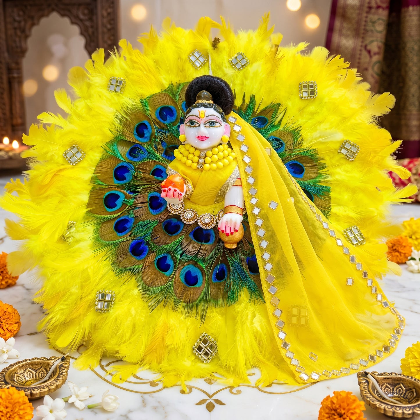 Peacock and Yellow Feathers Radha Rani Poshak with Dupatta, Bansuri & Surprise Gift