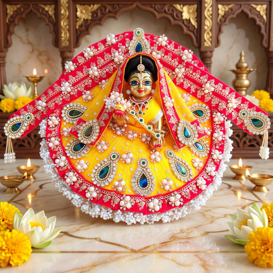 Designer Red and Yellow Radha Rani Poshak with Chunri, Bansuri and a Surprise Gift