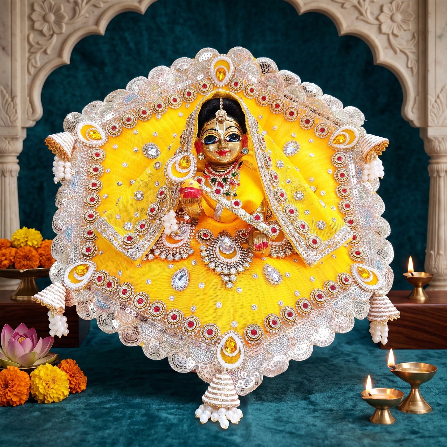 Royal Yellow Radha Rani Poshak with Dupatta, Bansuri and a Surprise Gift
