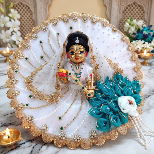 Teal & White Radha Rani Designer Poshak with Dupatta, Bansuri and a Surprise Gift
