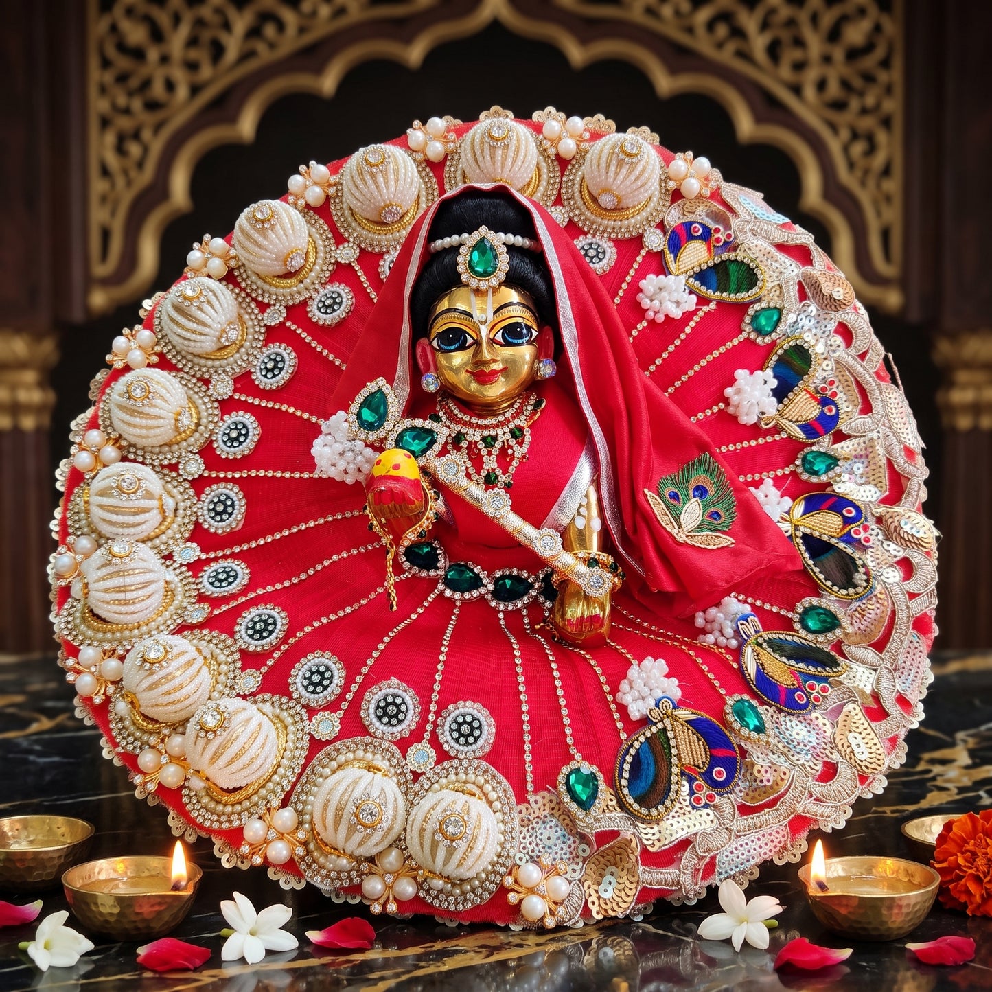 Radha Rani Lehenga in 3D Pearl & Zari Peacock with Dupatta, Bansuri and a Surprise Gift