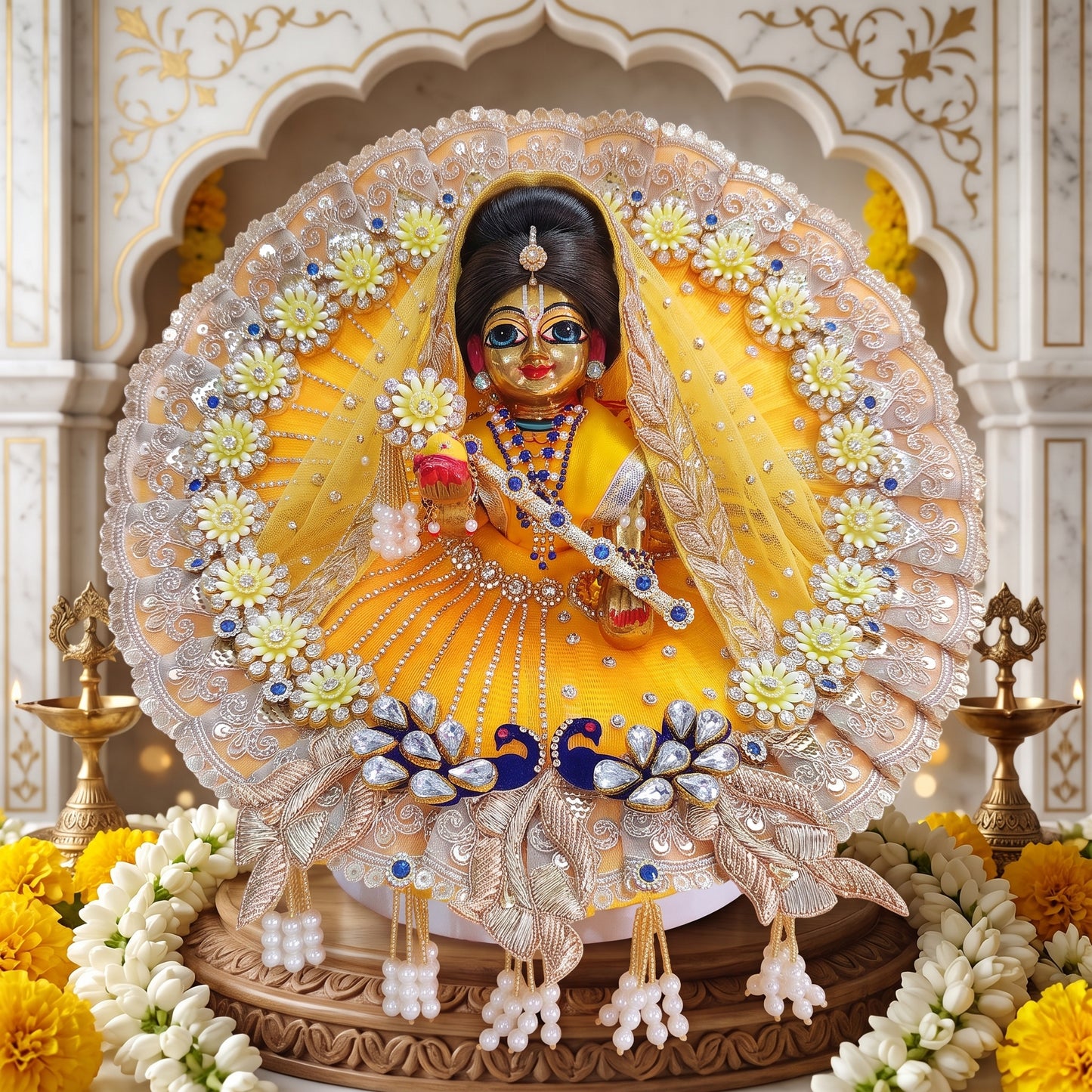 Peacock Themed Designer Radha Rani Poshak with Dupatta, Bansuri and a Surprise Gift