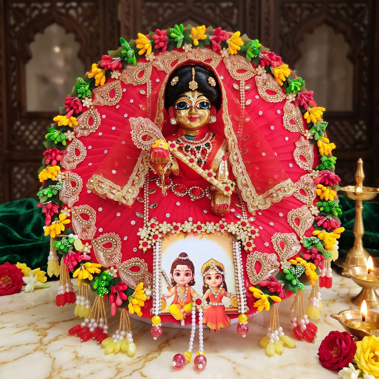 Ram-Sita Ji on Jhula Radha Rani Poshak with Dupatta, Bansuri and a Surprise Gift