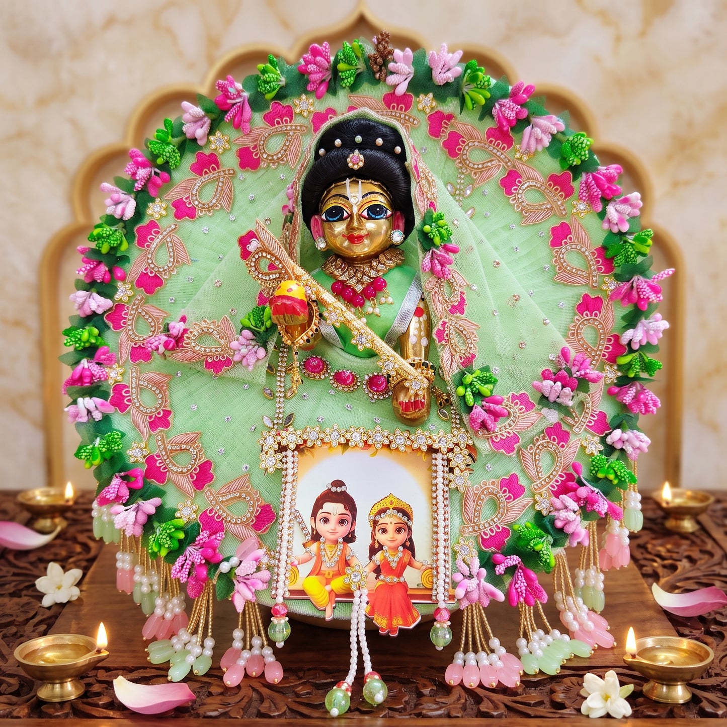 Ram-Sita Ji on Jhula Radha Rani Poshak with Dupatta, Bansuri and a Surprise Gift