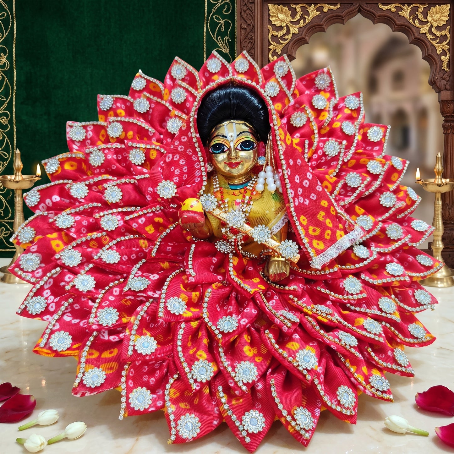 Traditional Bandhej Print Shree Ji Dress with with Dupatta, Bansuri and a Surprise Gift