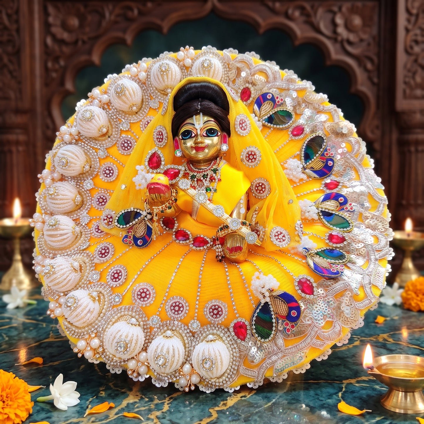 Radha Rani Lehenga in 3D Pearl & Zari Peacock with Dupatta, Bansuri and a Surprise Gift