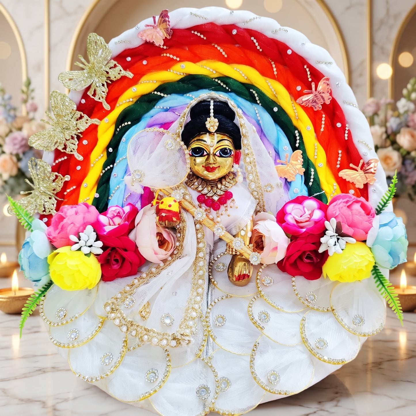Rainbow-Butterfly Themed Shree ji Floral Dress with Dupatta, Bansuri and a Surprise Gift